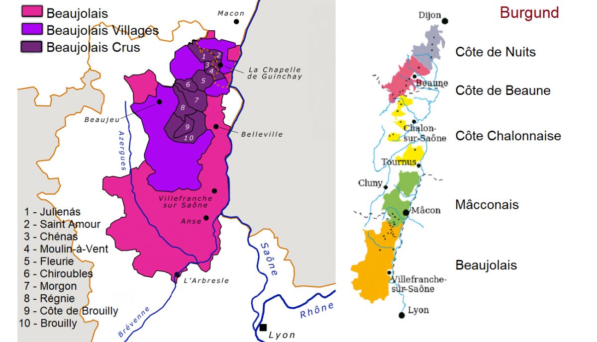 Karte von Beaujolais / Karte von Burgund