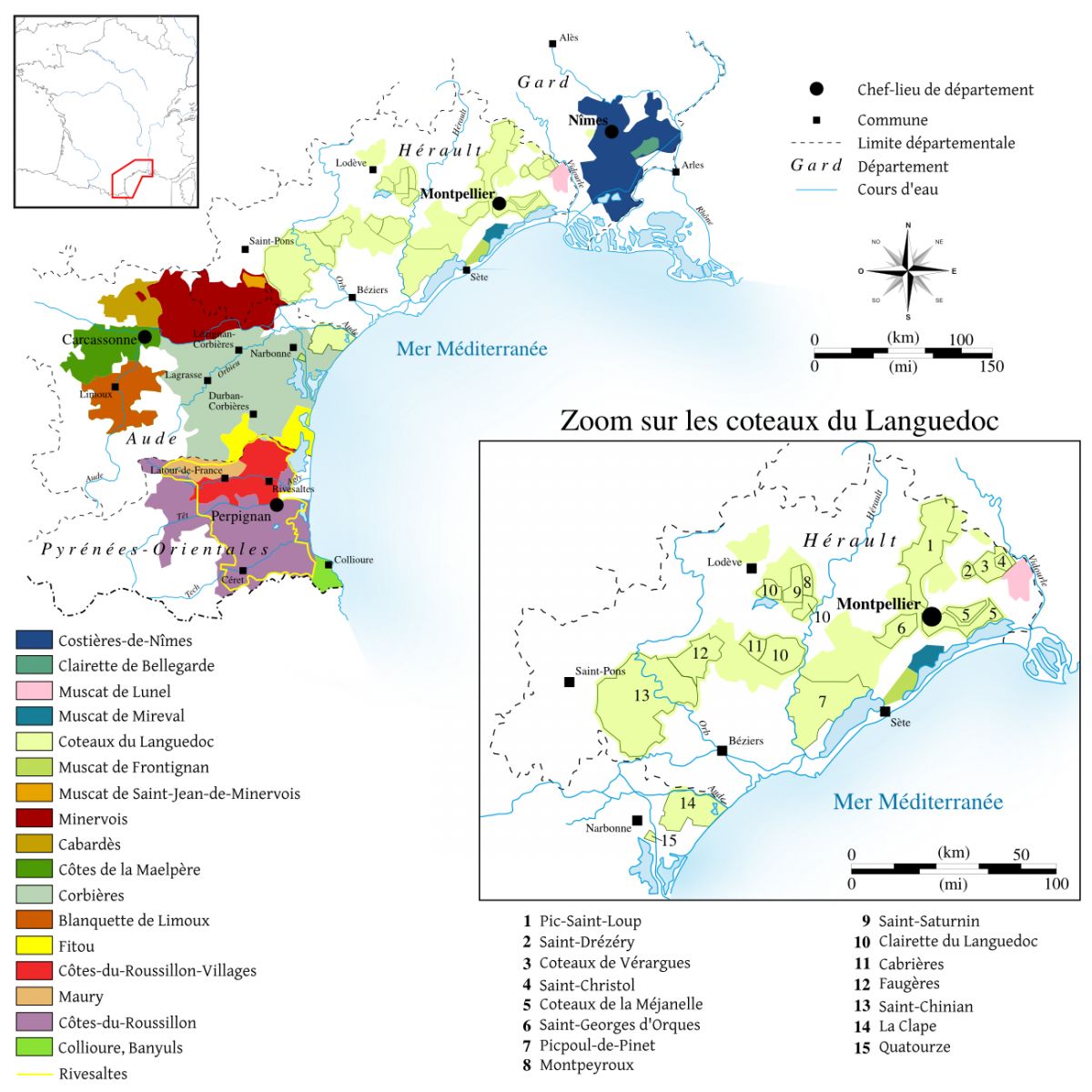 Karte von Languedoc-Roussillon mit allen Appellationen