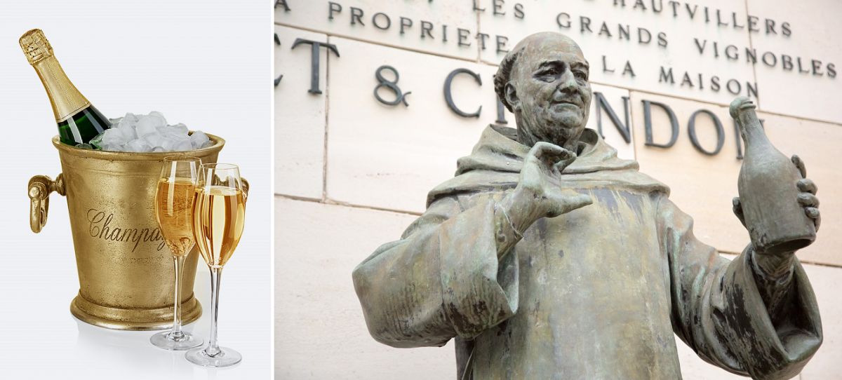 Champagner - Champagner-Kübel und Statuette von Dom Perignon