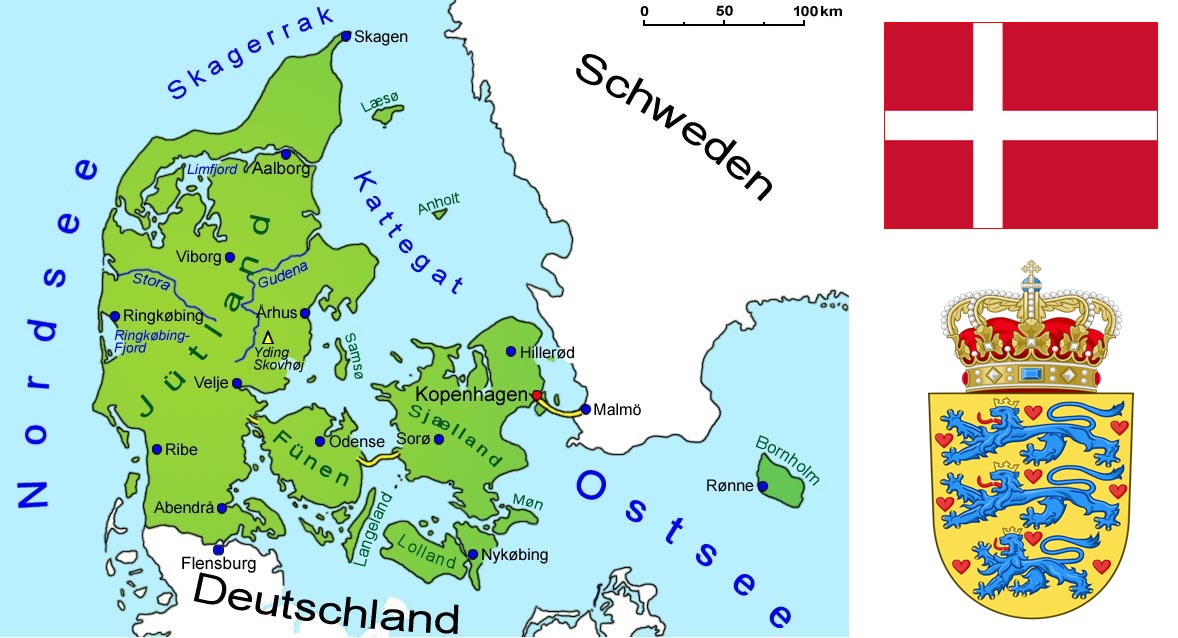 Dänemark - Landkarte, Flagge und Wappen