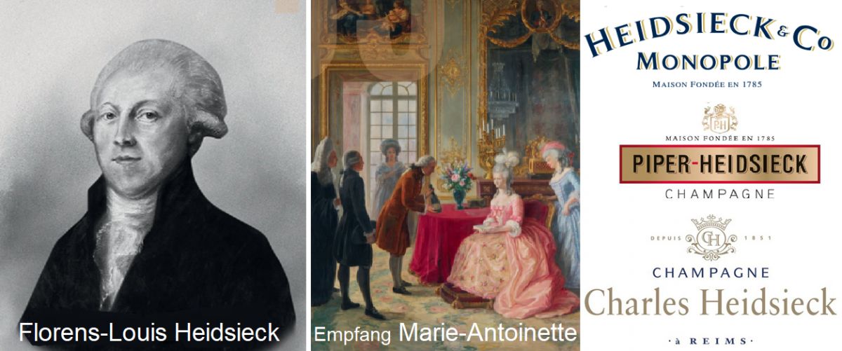 Heidsieck - Florens-Louis Heidsieck, Empfang bei Marie-Antoinette  und die 3 Etiketten