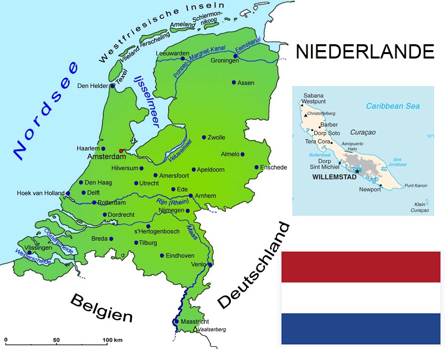 Niederlande - Landkarte, Flagge und Inseln