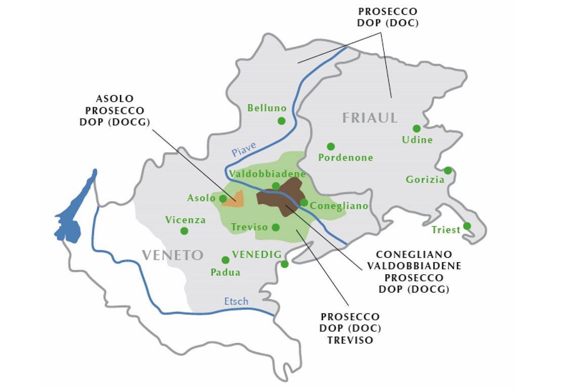 Prosecco - Karte mit den DOC-Bereichen