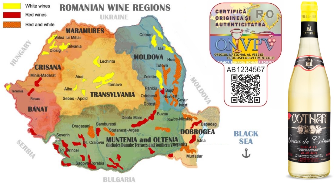 Rumänien - Karte, Flasche, QR-Code-Siegel und Grasa de Cotnari