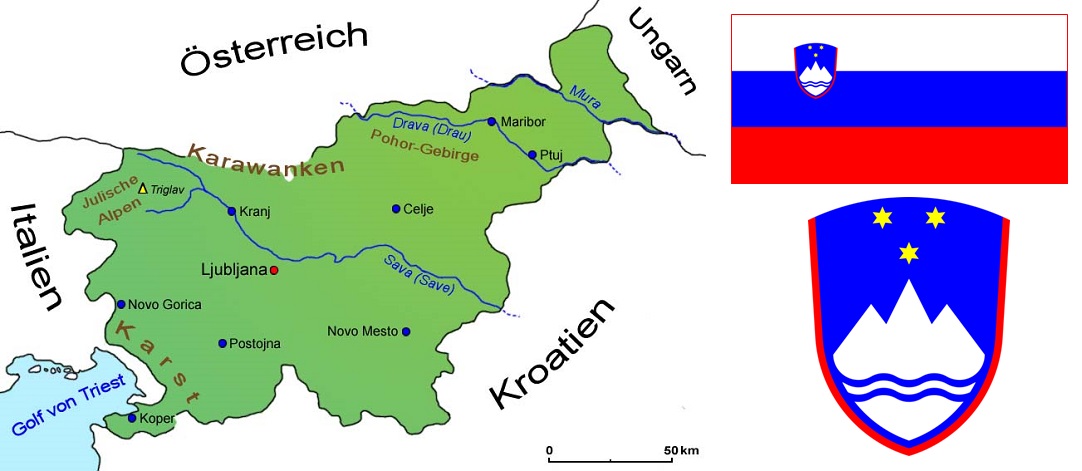 Slowenien - Landkarte, Flagge und Wappen