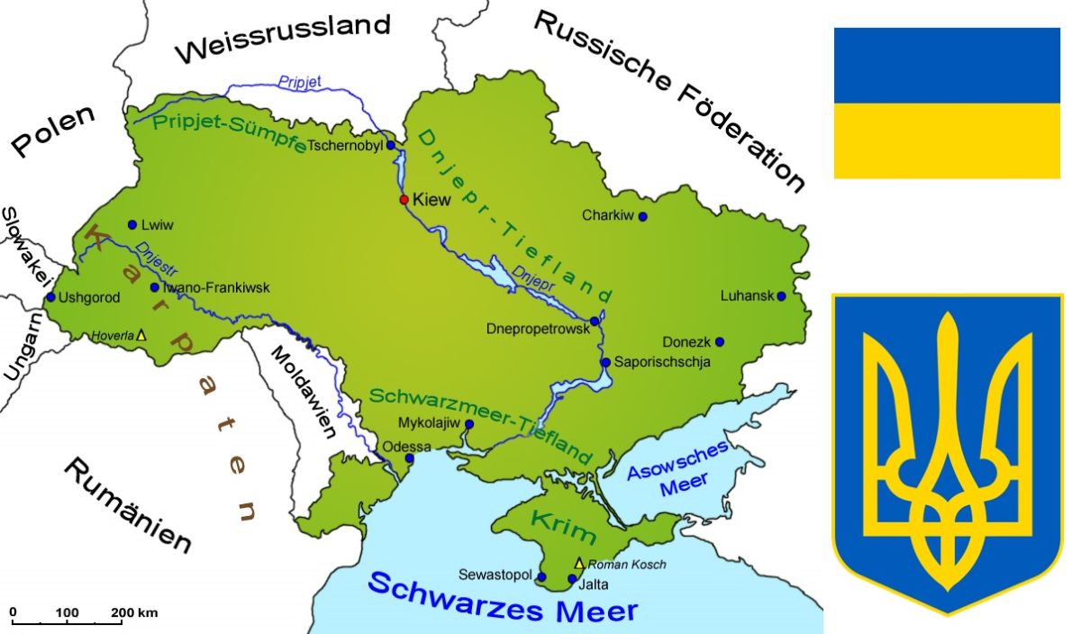 Ukraine - Landkarte, Flagge und Wappen